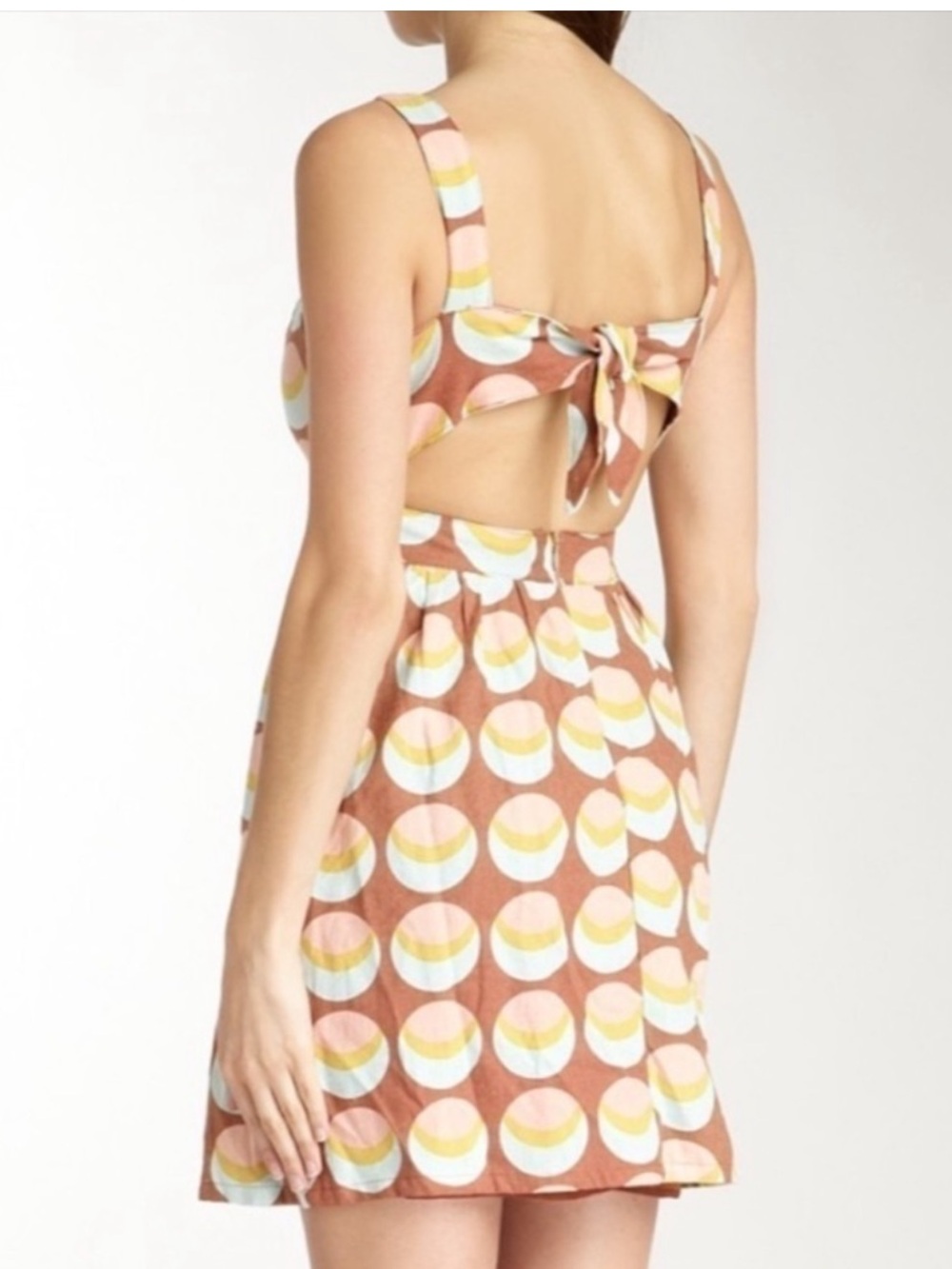 Judith March Linen Open Tie Back 70s mod Print Mini dress size Large - Picture 2 of 7